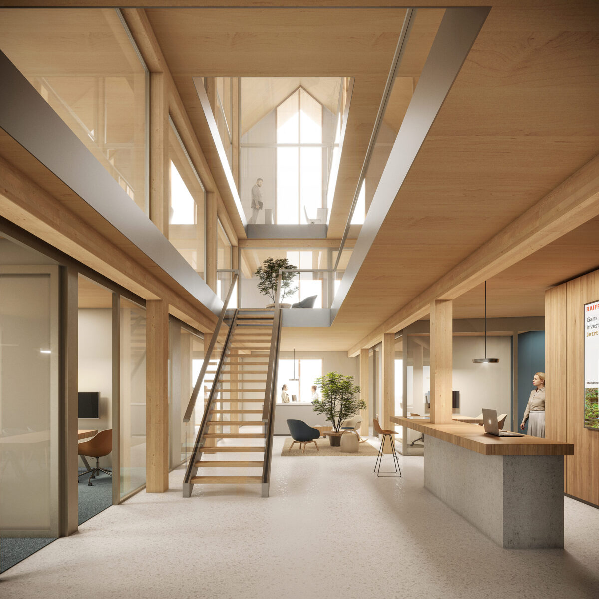 Nau2 Architekten Innenraumvisualisierung für einen Wettbewerb, einer Raiffeisenbank mit lichtdurchfluteten Foyers mit Empfangstresen, Wartebereich, Treppe und Luftraum.