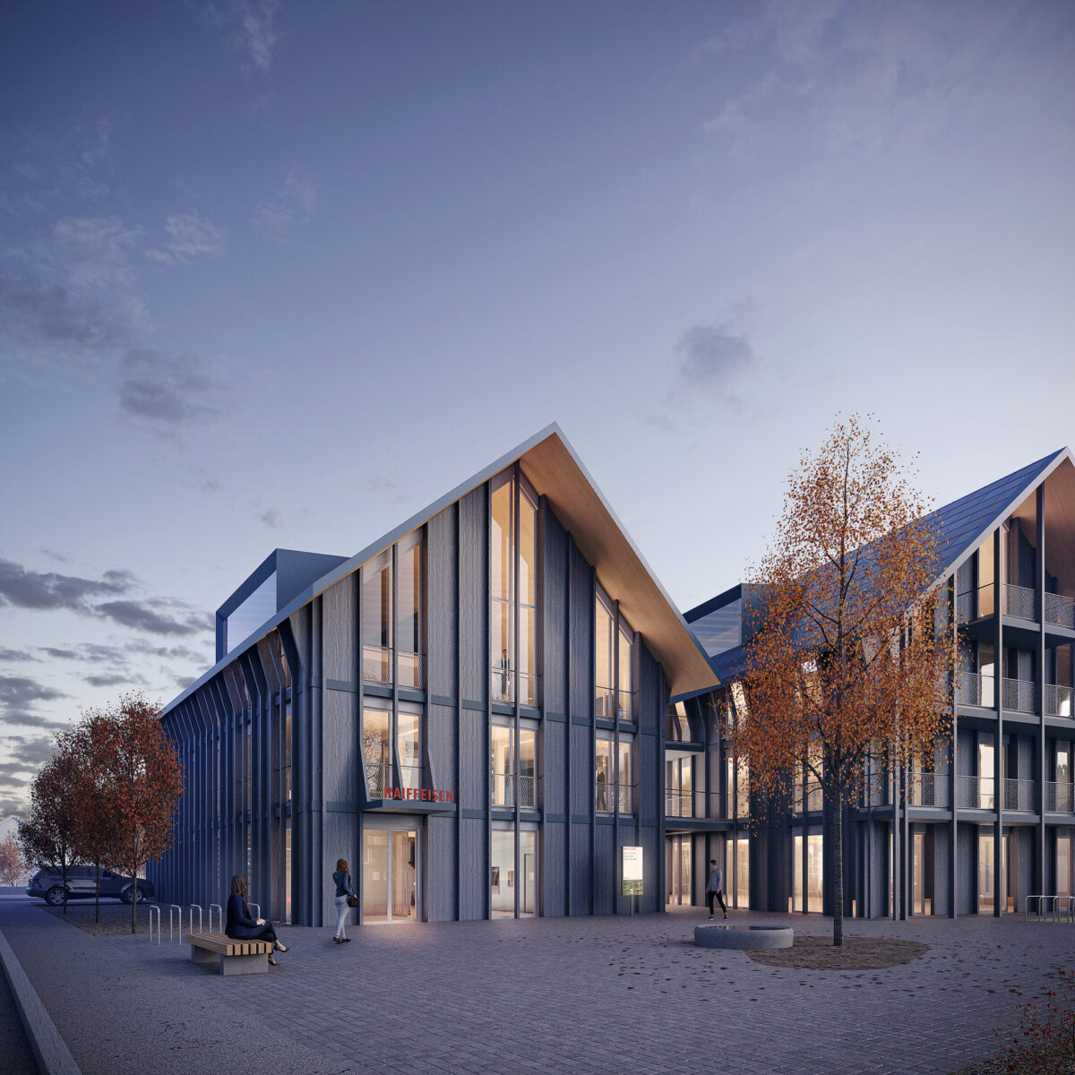 Nau2 Architekten Wettbewerbsvisualisierung eines Bank- und Bürogkomplexes in Abendstimmung