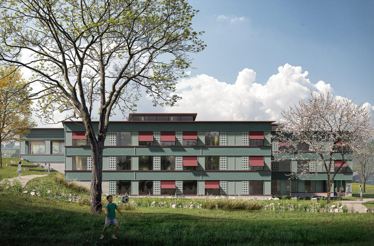 illiz architektur Wettbewerbsvisualisierung eines Schulgebäudes in Holzbauweise, Frontalperspektive